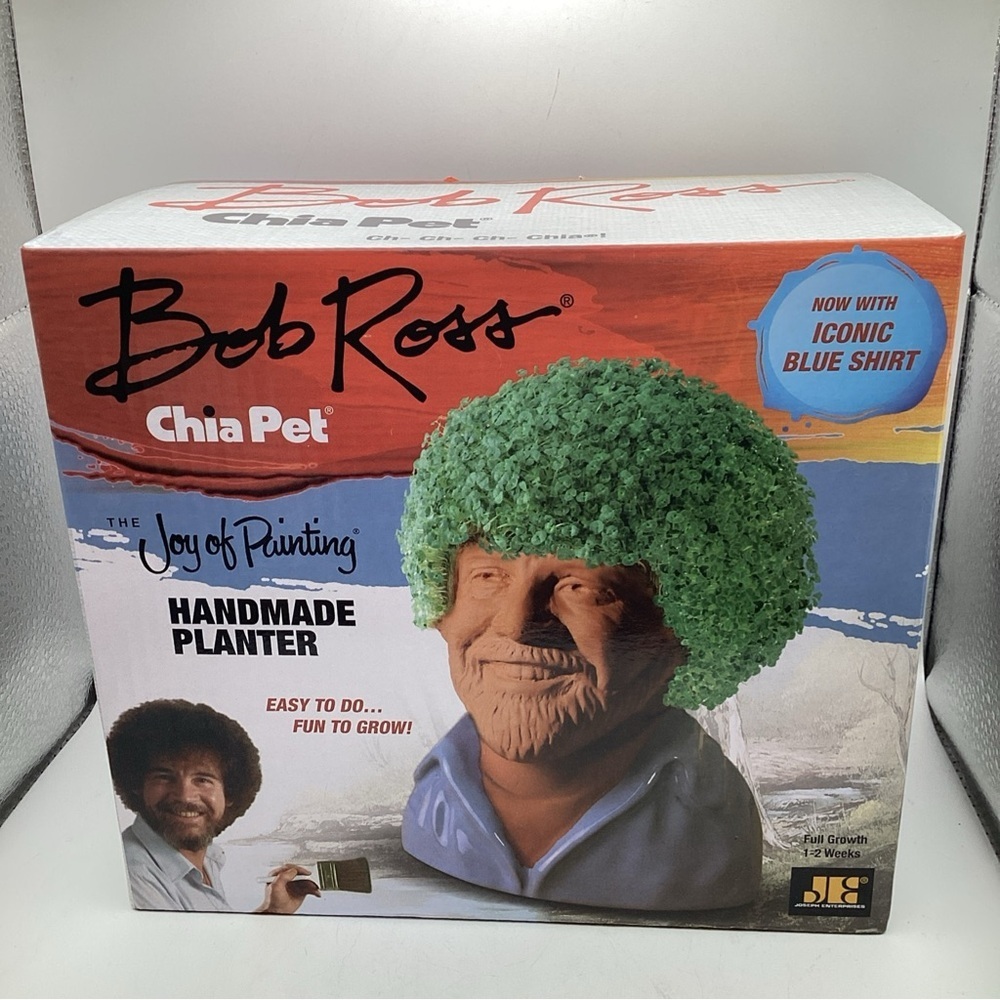 CHIA PET BOB ROSS THE JOY OF PAINTING PLANTER w/ Iconic Blue Shirt NIB